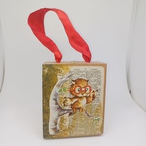 Handcrafted Vintage Wooden Cigar Purse Anthropomorphic Owl with Red Ribbon